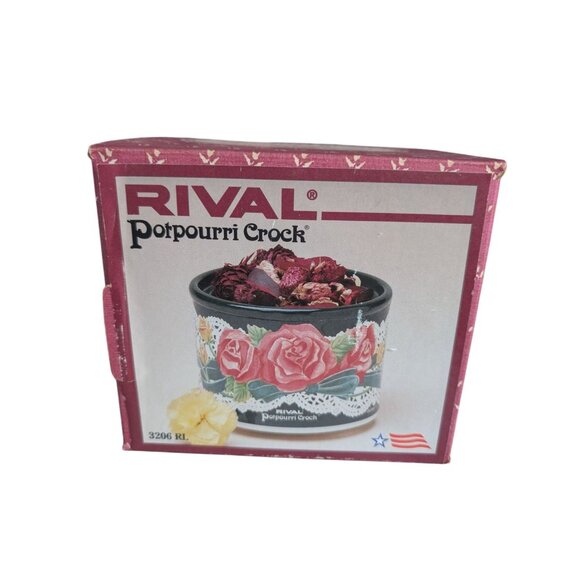Vintage Rival Potpourri Crock Pot 3206 Green Lace Roses Tested Working - Picture 7 of 10